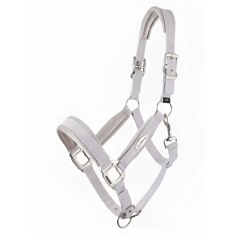 Light gray leather lemieux versailles headcollar lilac with silver metal buckles and an adjustable poll strap