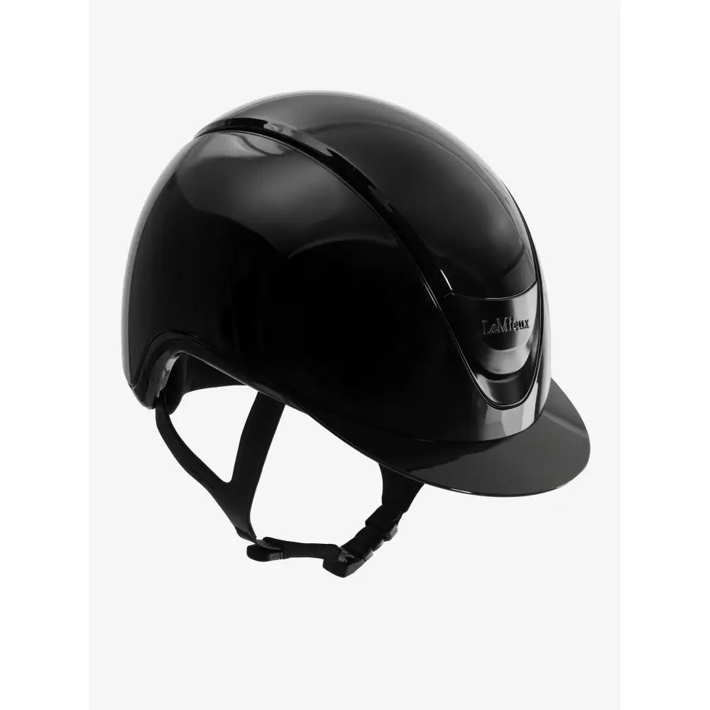 Black glossy lemieux verv competition riding helmet with sleek design and lamex logo perfect for riders