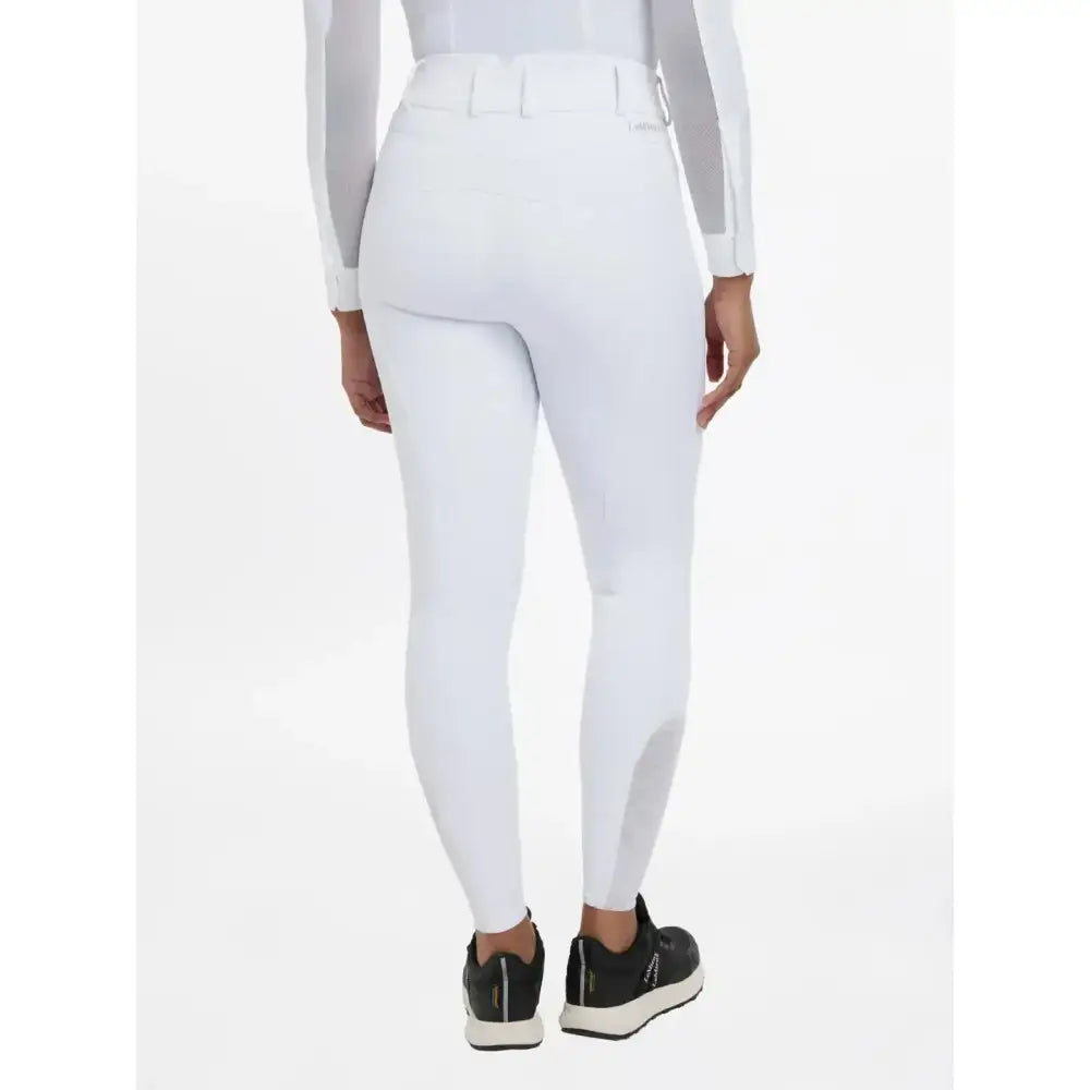 White lemieux victoria breech riding pants with silicone seat white and sleek gray panels on outer thighs
