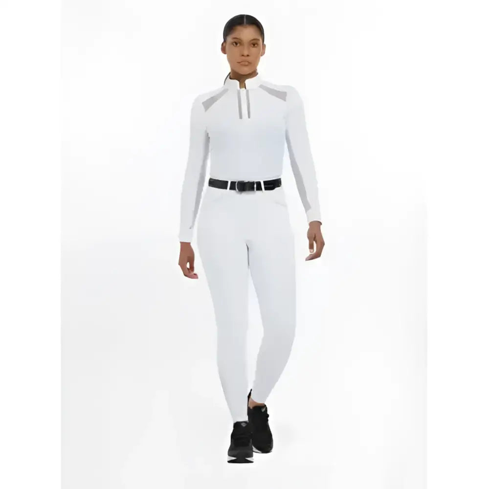 White long-sleeved lemieux victoria breech top with gray panels and half-zip front for silicone seat white use