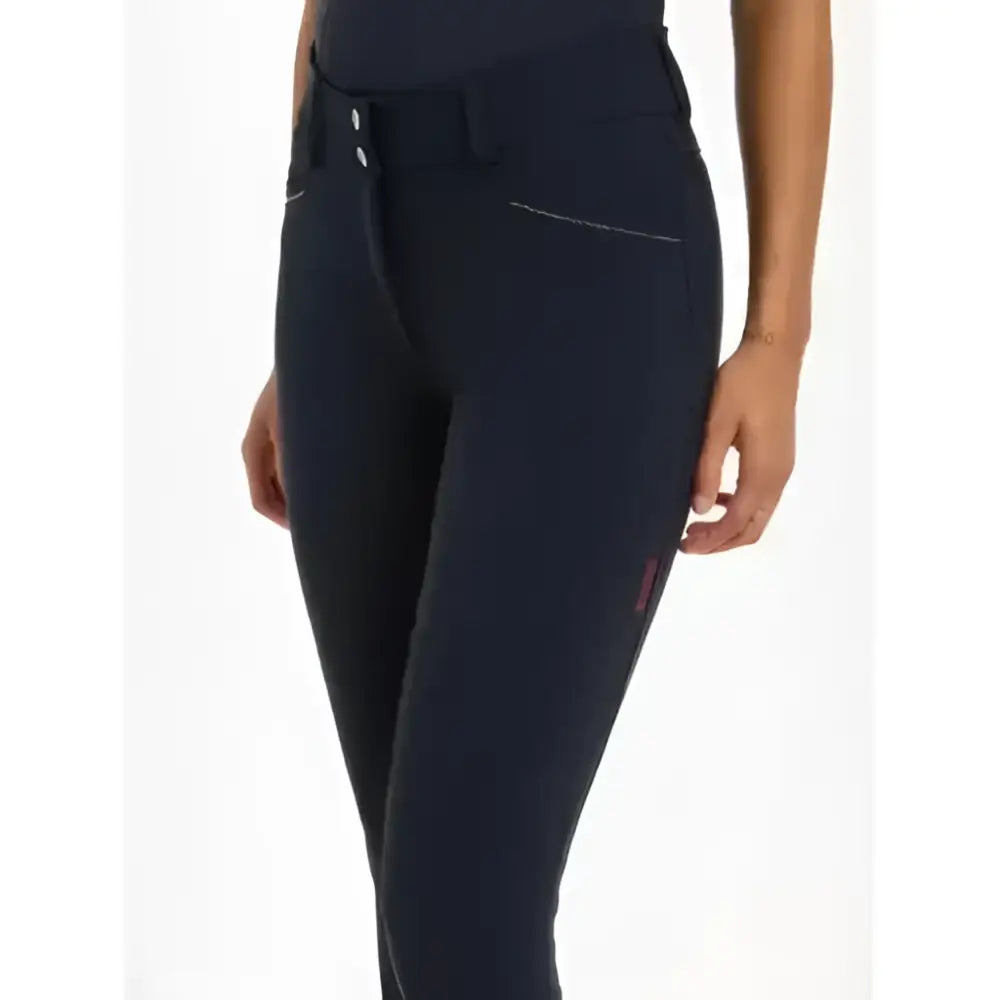 Navy blue lemieux victoria breech riding pants with subtle white stitching and a sleek form-fitting suede seat navy design