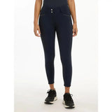 Navy blue high waisted lemieux victoria breech leggings with two front pockets and victoria breech suede seat navy details