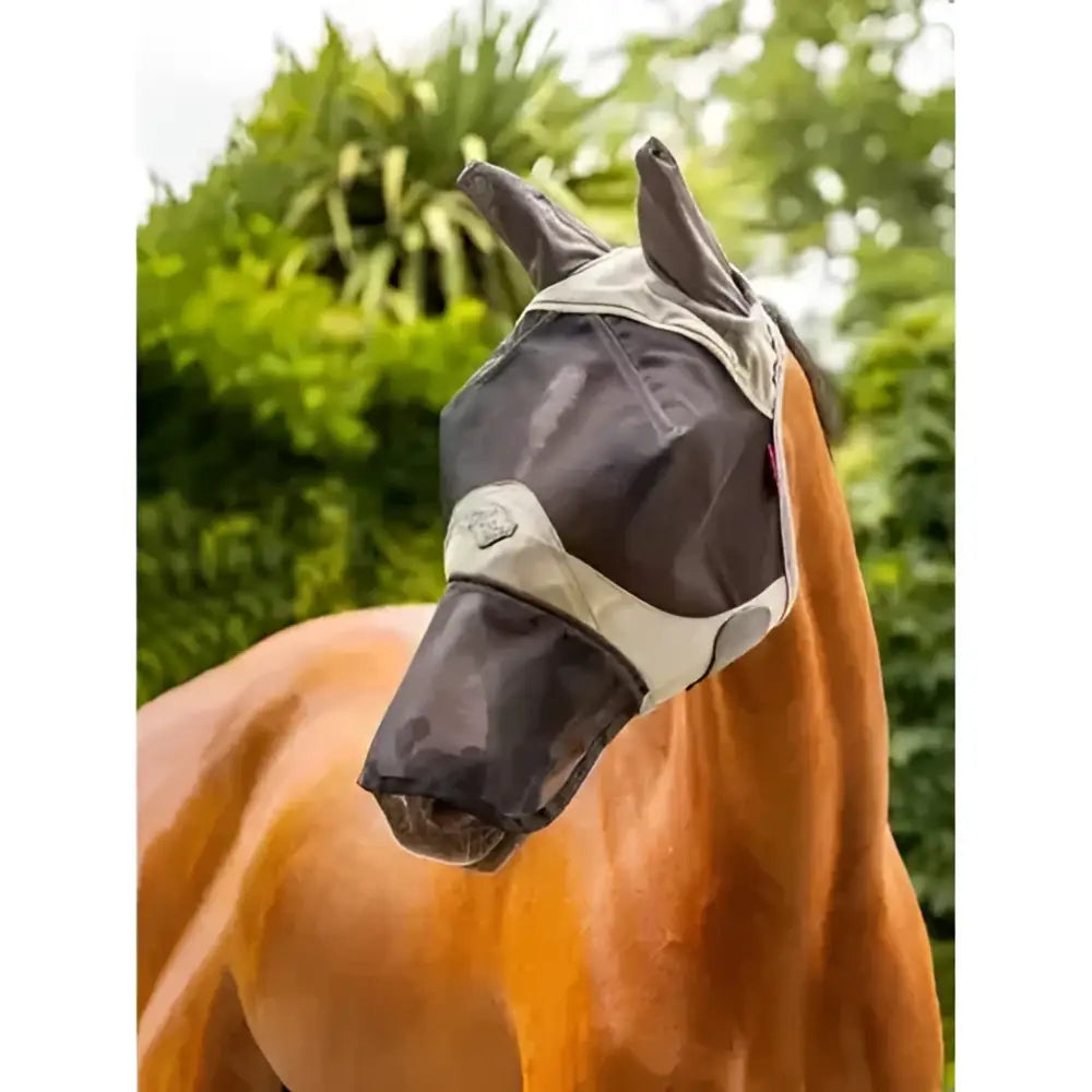 Black and beige lemieux visor-tek full fly mask fern with breathable mesh netting for horse eye protection