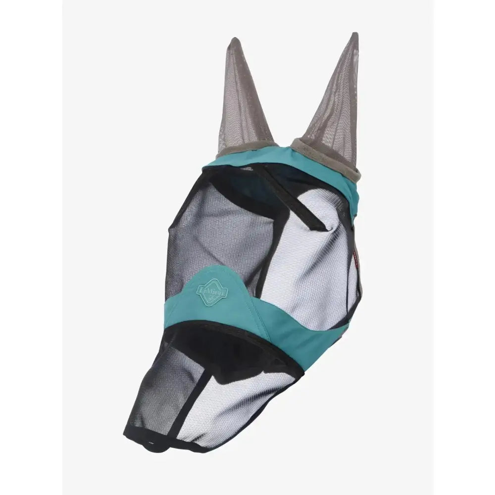 Teal and black mesh fly mask lagoon with reinforced ear flaps lemieux visor-tek full fly mask lagoon