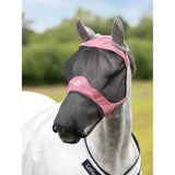 Pink and black mesh fly mask peony with gray ear flaps from lemieux visor-tek for horse protection