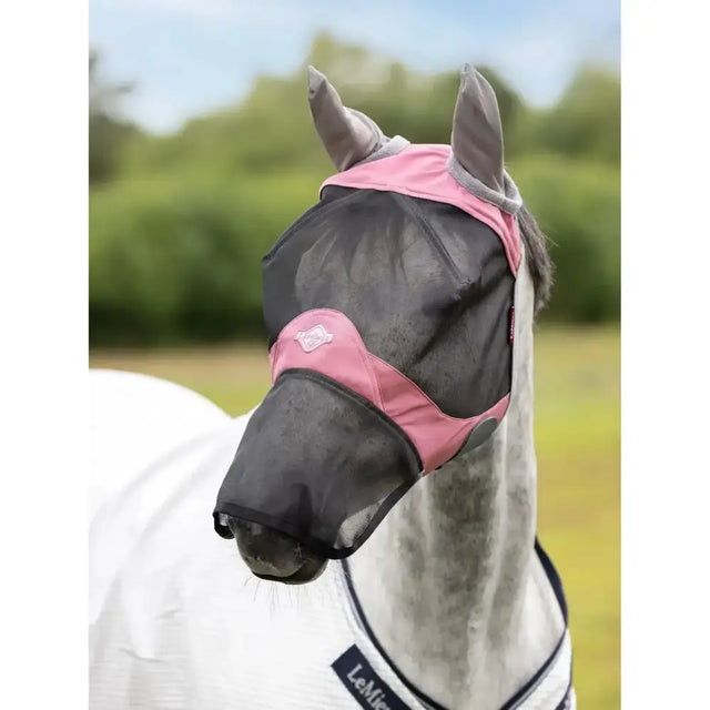 Pink and black mesh fly mask peony with gray ear flaps from lemieux visor-tek for horse protection
