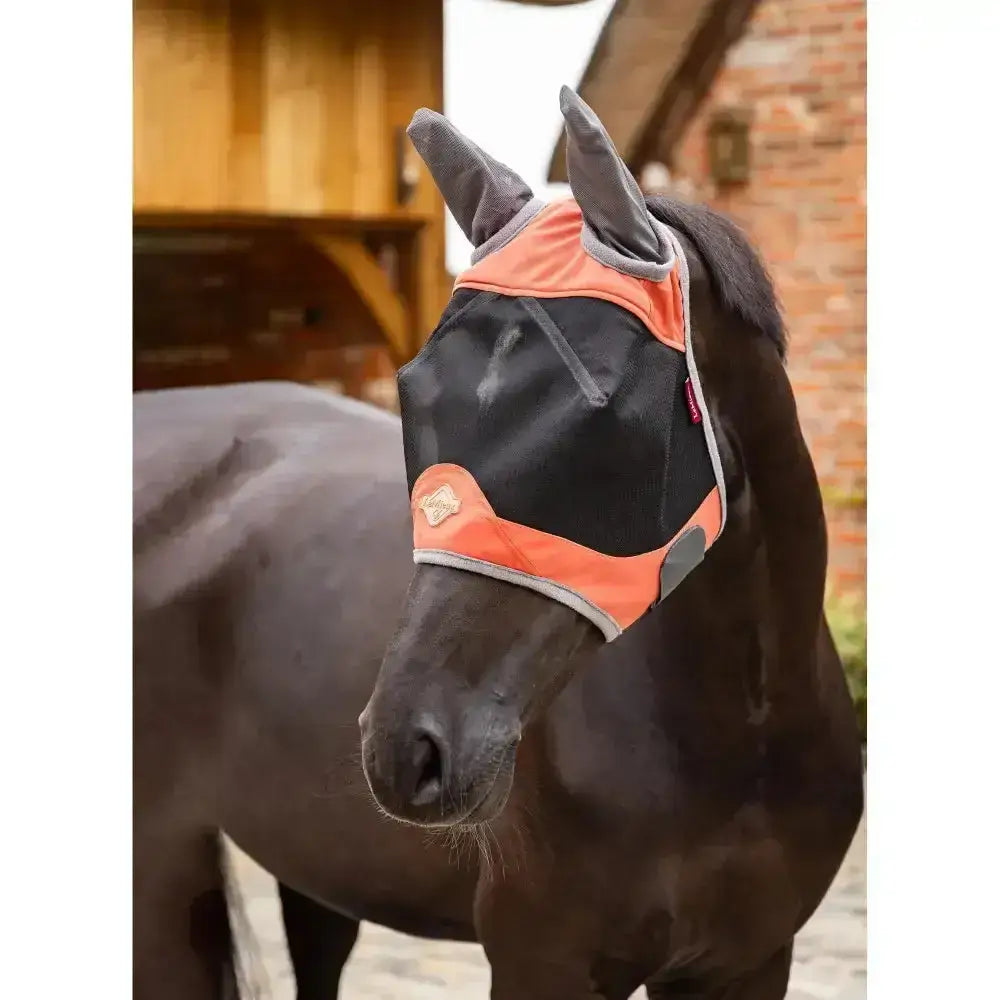Lemieux visor-tek half fly mask in apricot with black and orange mesh and gray trim for horse protection