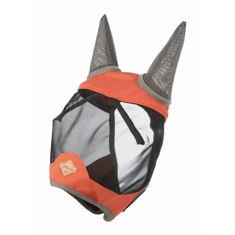 Orange and black mesh lemieux visor-tek half fly mask apricot with gray trim and pointed ear covers for horses