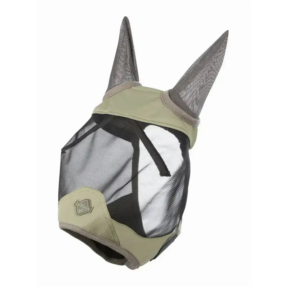 Olive green lemieux visor-tek half fly mask fern with mesh material reinforced ear flaps and branded logo patch