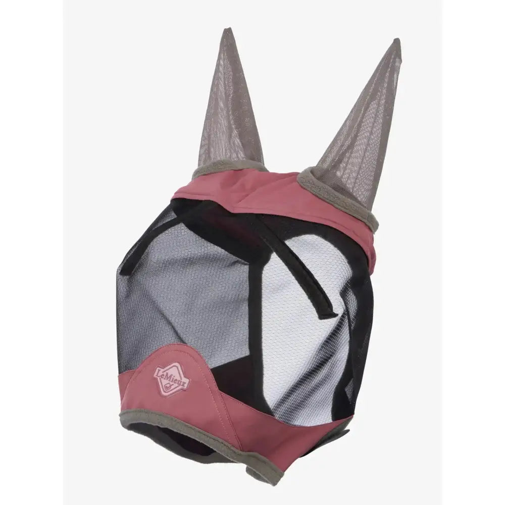 Pink and black mesh lemieux visor-tek half fly mask with gray ear covers in fly mask peony color design