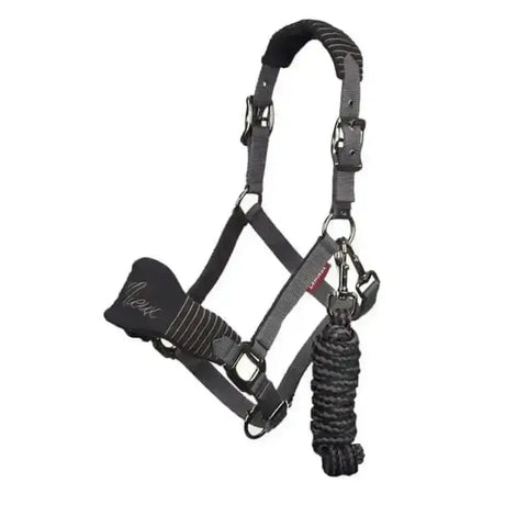 Lemieux vogue fleece black headcollar with padded fleece headpiece, adjustable straps, metal buckles and leadrope attached
