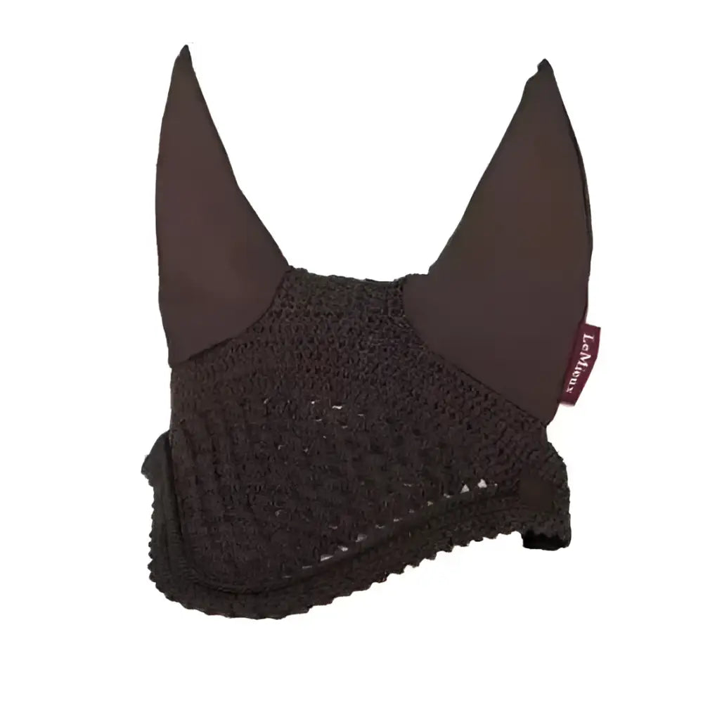 Black lemieux vogue fly hood with handmade close-knit crochet and soft fabric ears in textured pattern