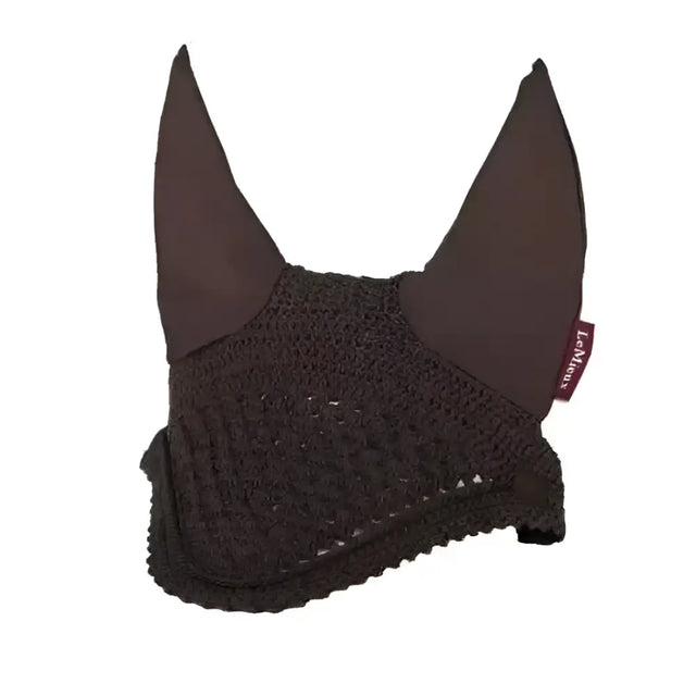 Black lemieux vogue fly hood with handmade close-knit crochet and soft fabric ears in textured pattern