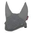 Gray crocheted lemieux vogue fly hood with soft padded ear flaps and subtle brand tag in fly hood grey style