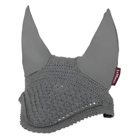 Gray crocheted lemieux vogue fly hood with soft padded ear flaps and subtle brand tag in fly hood grey style