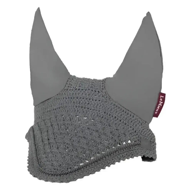 Gray crocheted lemieux vogue fly hood with soft padded ear flaps and subtle brand tag in fly hood grey style