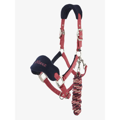 Red leather lemieux vogue headcollar with navy fleece inserts and leadrope damson braided rope for horses