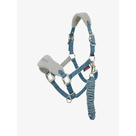 Blue and gray lemieux vogue headcollar with fleece inserts and braided leadrope ice blue for horses