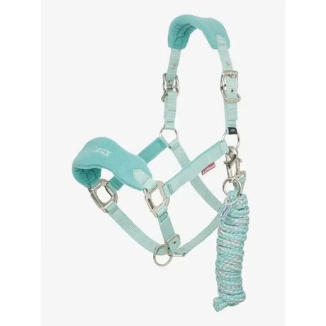 Mint green padded lemieux vogue headcollar with silver hardware and matching leadrope lagoon coiled rope set