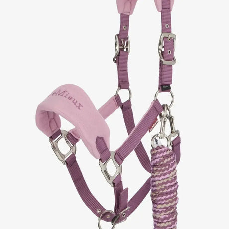 Pink padded lemieux vogue horse halter with fleece inserts purple webbing straps and matching braided leadrope mallow
