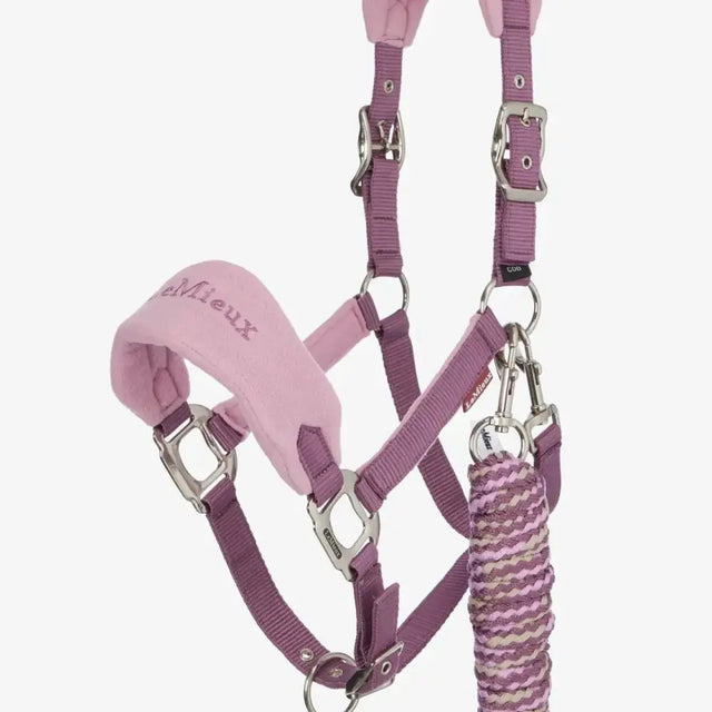 Pink padded lemieux vogue horse halter with fleece inserts purple webbing straps and matching braided leadrope mallow