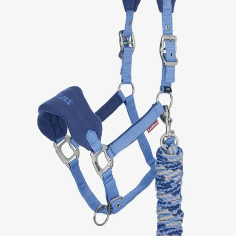 Blue padded lemieux vogue headcollar with fleece inserts and matching leadrope powder blue braided with silver hardware