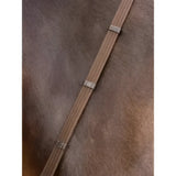 Tan woven strap lemieux webbed continential reins brown with three silver toned metal buckles
