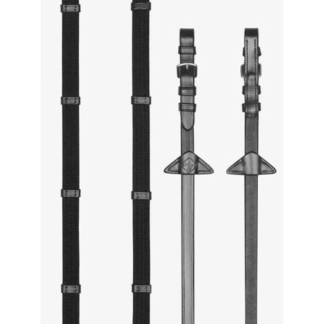 Lemieux webbed continental reins black silver made of black leather and webbing with metal buckles and anti-slip hand stops