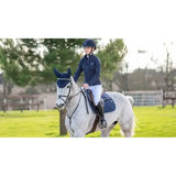 A navy blue equestrian helmet with a subtle logo similar in style to lemieux wither relief jump pad navy designs