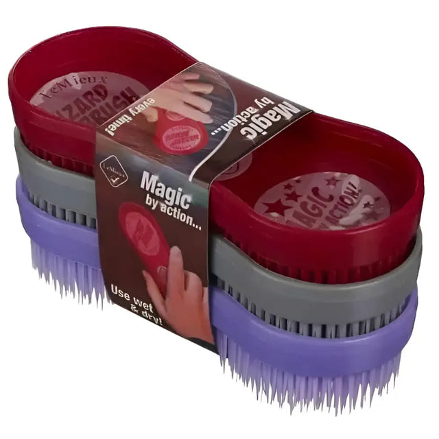 Lemieux wizard brush trio of red gray and purple plastic scrub brushes with magic wet bristles for cleaning tasks