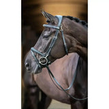 Black leather lemieux work bridle with silver hardware and raised padded noseband for comfortable riding