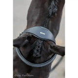 Dark gray leather lemieux work bridle with stitched edges small silver brand plaque and raised padded noseband