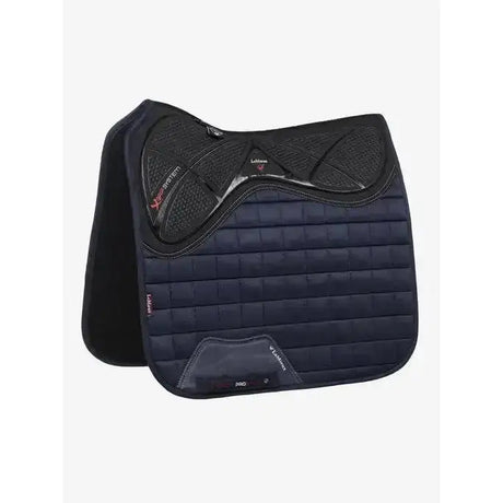 Navy blue quilted dressage square with black x-grip silicone padding and lemieux x-grip silicone accents