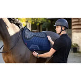 Navy blue quilted horse saddle pad with x-grip silicone design and black mesh panels for ensure saddle stability