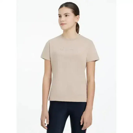 Beige lemieux young rider arianna t-shirt with short sleeves and subtle silver signature lemieux hot fix silver logo on chest