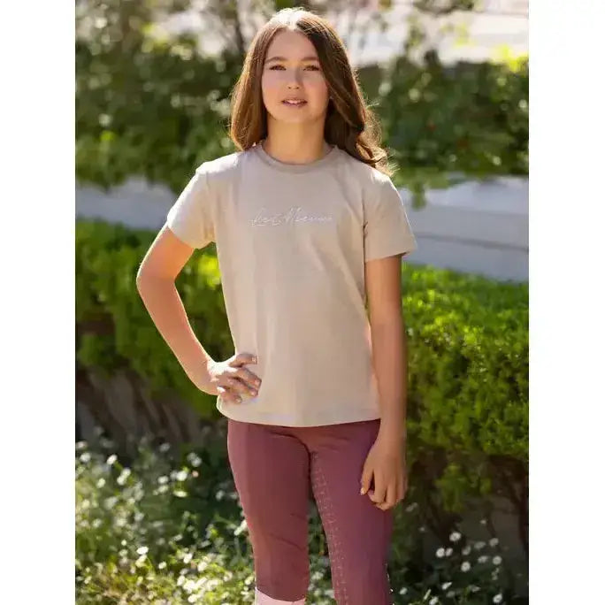Beige lemieux young rider arianne t shirt with subtle silver signature lemieux hot fix silver embroidery on chest