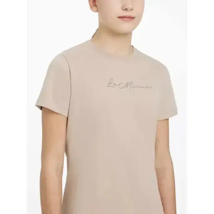 Beige lemieux young rider arianne t-shirt with subtle silver signature lemieux hot fix silver embroidered logo
