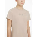 Beige lemieux young rider arianne t-shirt with subtle silver signature lemieux hot fix silver embroidered logo