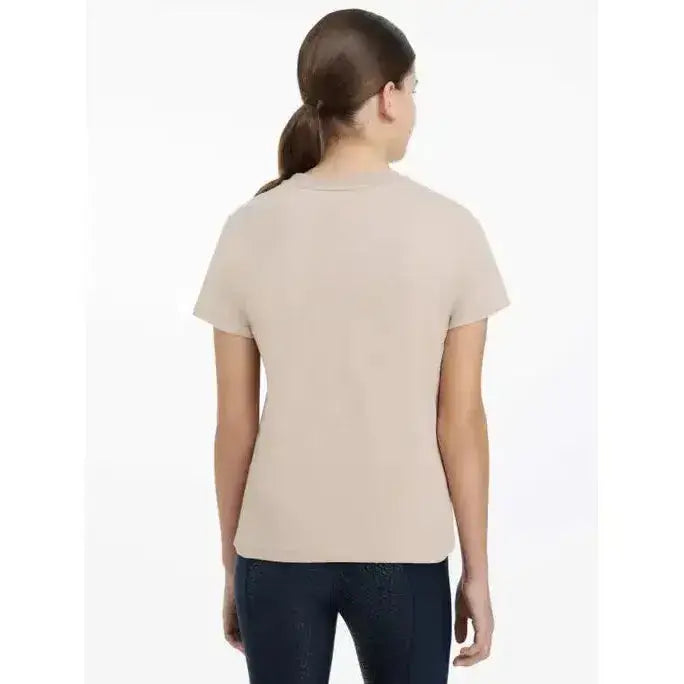 Beige short-sleeved lemieux young rider arianna t-shirt with simple crew neck and hot fix silver signature design