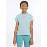 Light blue short-sleeved lemieux young rider t-shirt with subtle iridescent hot fix silver signature lemieux autograph logo