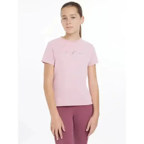 A soft pink lemieux young rider arianna t-shirt with short sleeves and a subtle signature lemieux autograph embroidered logo