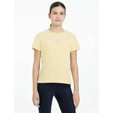 A pale yellow lemieux young rider arianna t-shirt with a subtle signature lemieux autograph hot fix silver logo