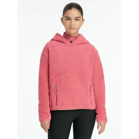 Lemieux young rider avalon hoodie cranberry in cozy pink fleece with plush texture and two front zippered pockets