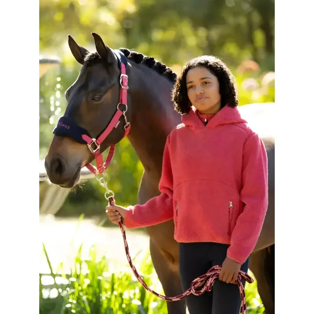 Pink fleece lemieux young rider avalon hoodie cranberry with front zipper and side pockets for riders