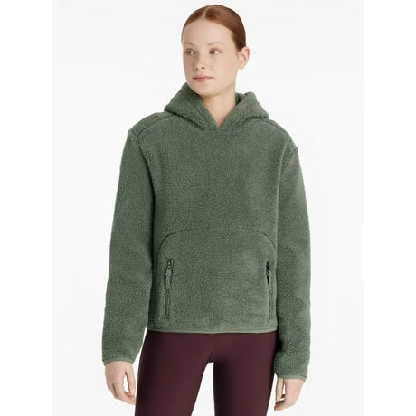 Olive green lemieux young rider avalon hoodie rosemary fleece with soft texture and two front zippered pockets