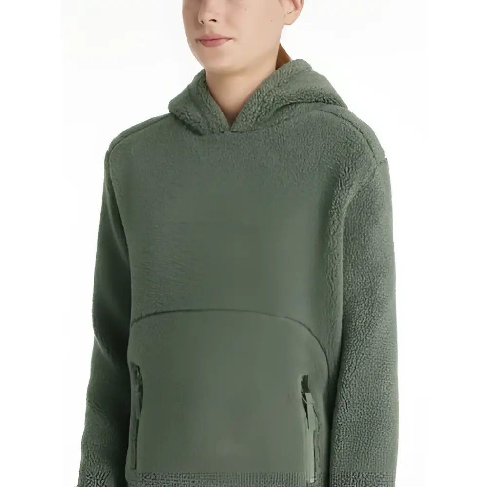 A cozy olive green lemieux young rider avalon hoodie rosemary with soft fleece and zippered front pockets