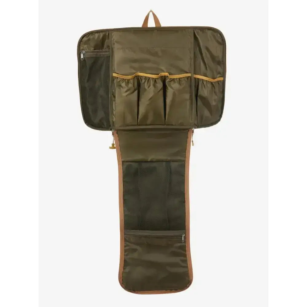 Olive green and brown fabric travel organizer with zippered compartments and mesh pockets for lemieux young rider backpack alpine