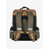 Olive green and tan lemieux young rider backpack alpine with mesh panels reflective stripes and top handle