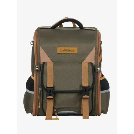 Olive green and tan lemieux young rider backpack alpine with reinforced straps and multiple zippered compartments