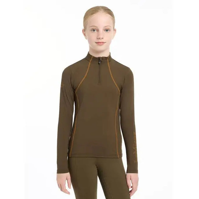 Olive green Lemieux Young Rider Base Layer Alpine with high neck and contrasting seams